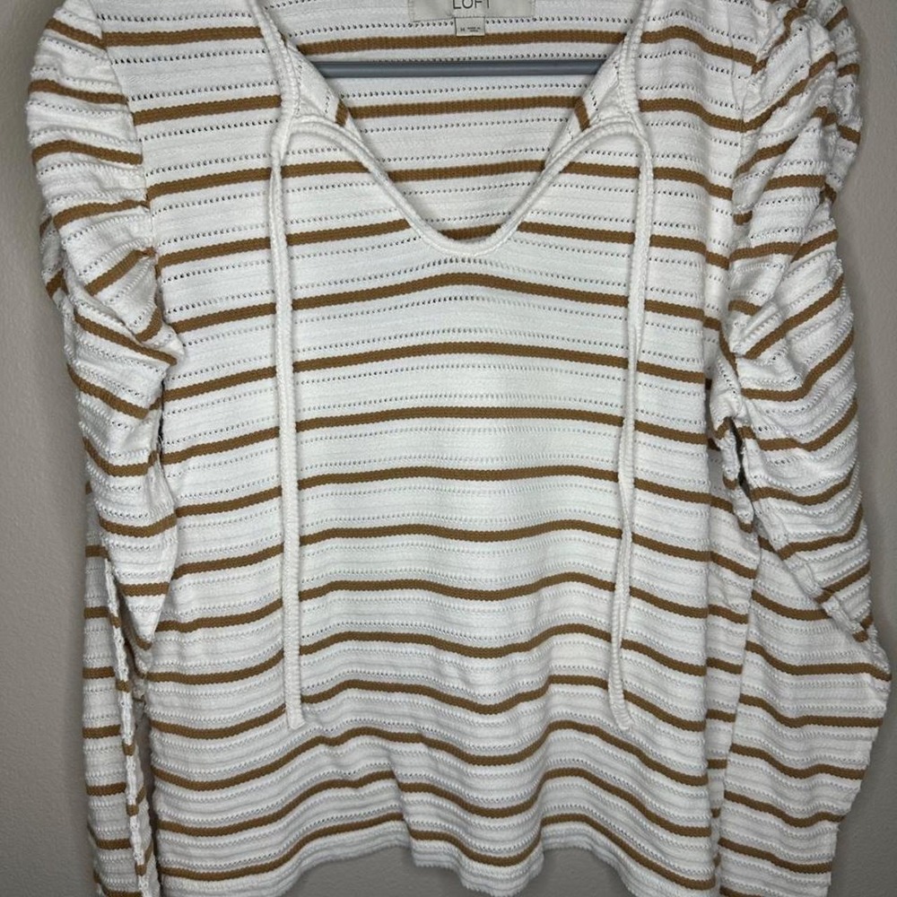 LOFT Womens White Brown Striped Ruffle Puff Sleeve Tie Neck Top Size M